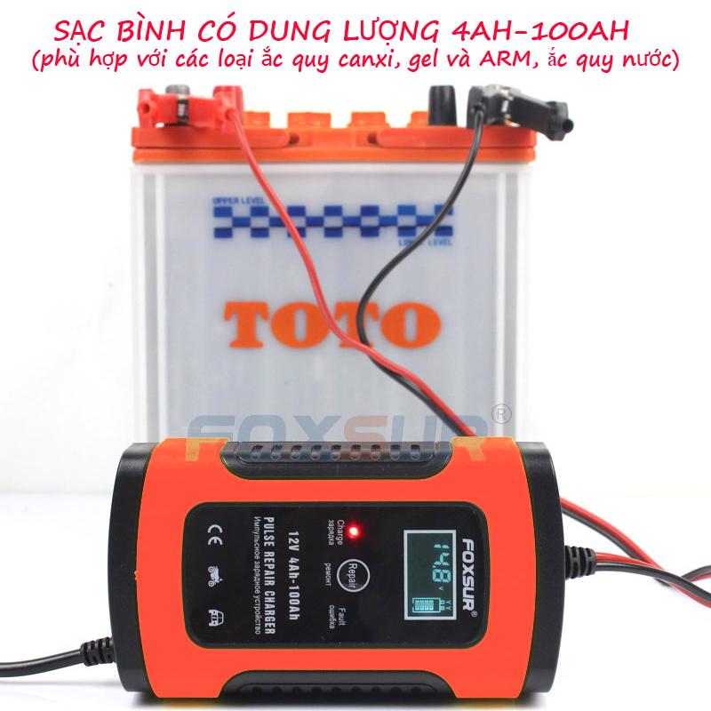 Máy sạc bình ắc quy 12V sạc binh ac quy 12v Sạc ắc quy 12V tự động sạc ắc quy thông minh cho xe hơi và xe máy FOXSUR có khử sunfat
