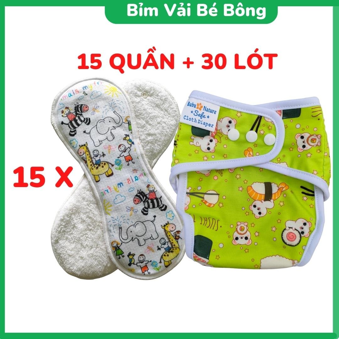 15 QUẦN+30 LÓT_Combo 15 Bộ Bỉm Vải, Tã Vải Babu Nature Chống Hăm, Chống Tràn, Giặt Được Và Tái Sử Dụng, SIZE M,L