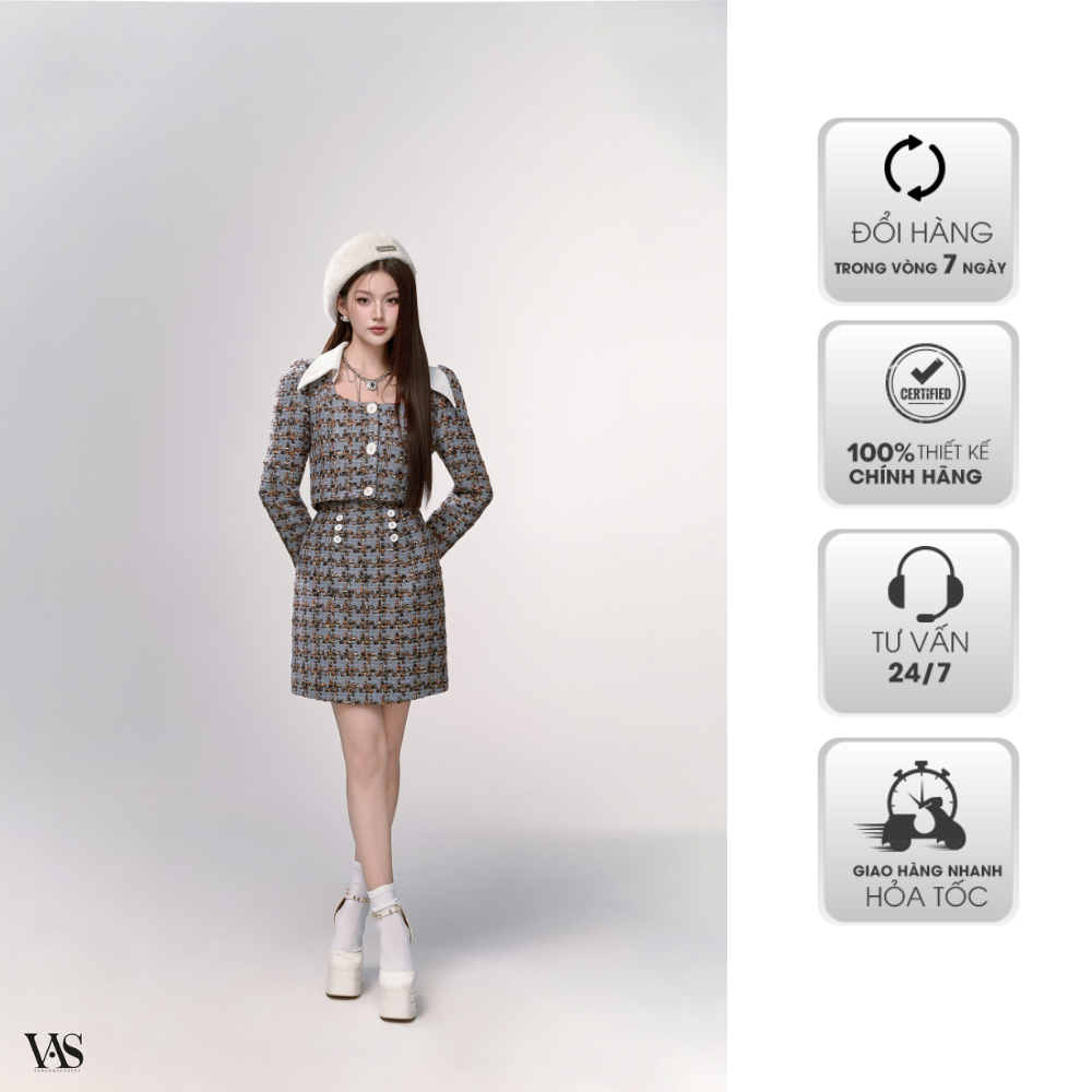 Set tweed nữ vananhscarlet dài tay phối cổ trắng s003s24