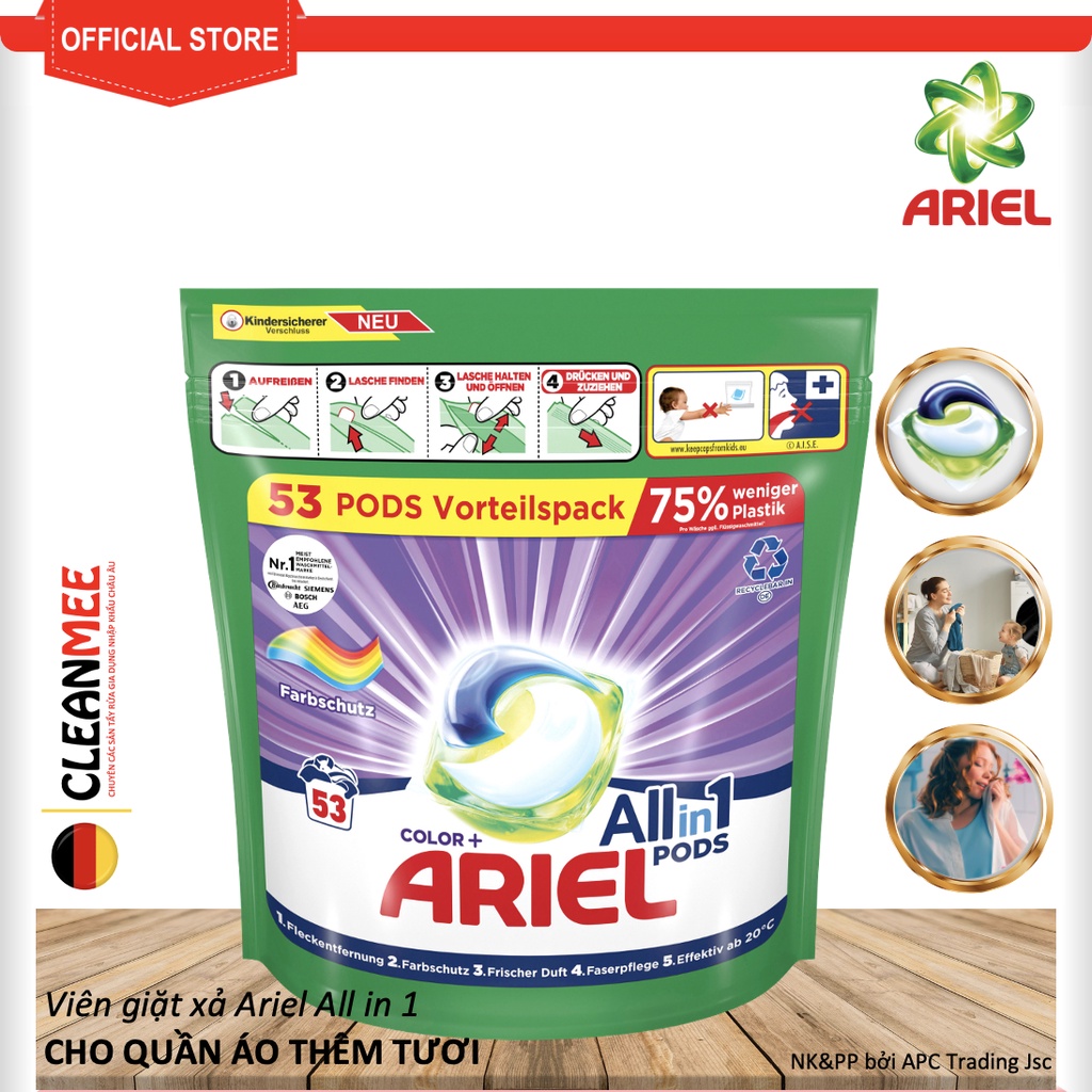 Viên giặt xả ariel all in 1 chuẩn đức giặt sạch vết bẩn giữ màu quần áo thơm ngất ngây túi 53 viên - clean.me