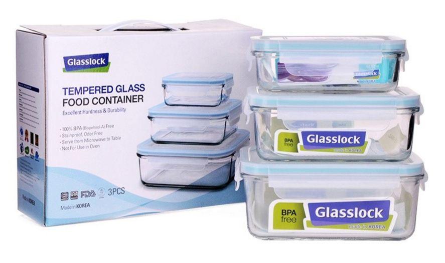 Bộ 03 hộp thủy tinh cường lực Glasslock GL1044, hình chữ nhật 400ml, 695ml, 1090ml, kín hơi, tiện dụng, Made in Korea
