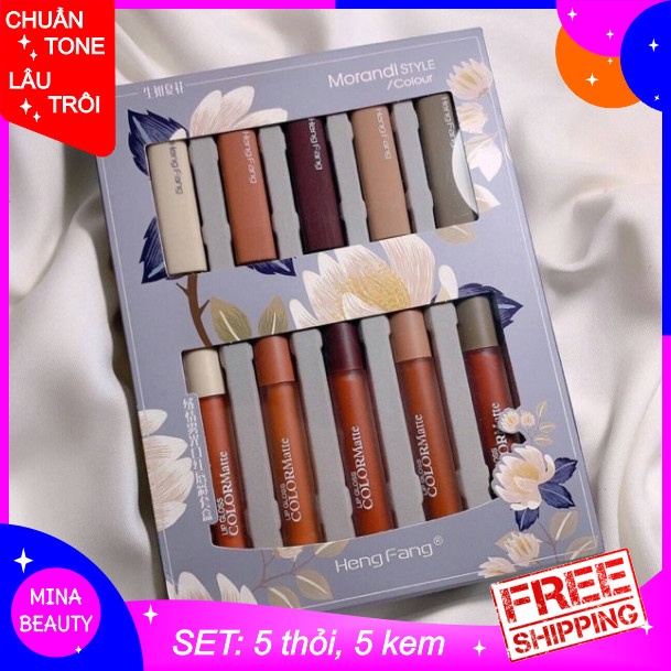[HCM]Set son 10 cây MORANDI Lip Gloss Heng Fang - MINABEAUTY SHOP - Set gồm 5 son kem và 5 son thỏi có lớp dưỡng không gây khô môi - Tặng Nước Hoa 4D