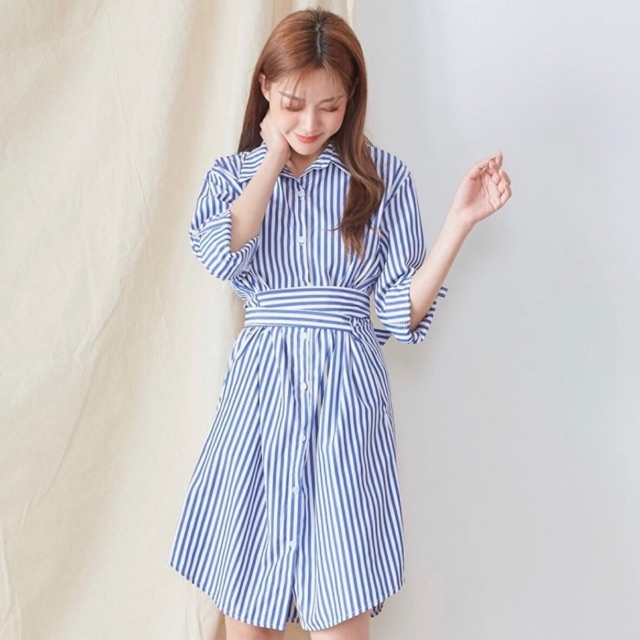 [HCM]Đầm sọc xanh chéo dây