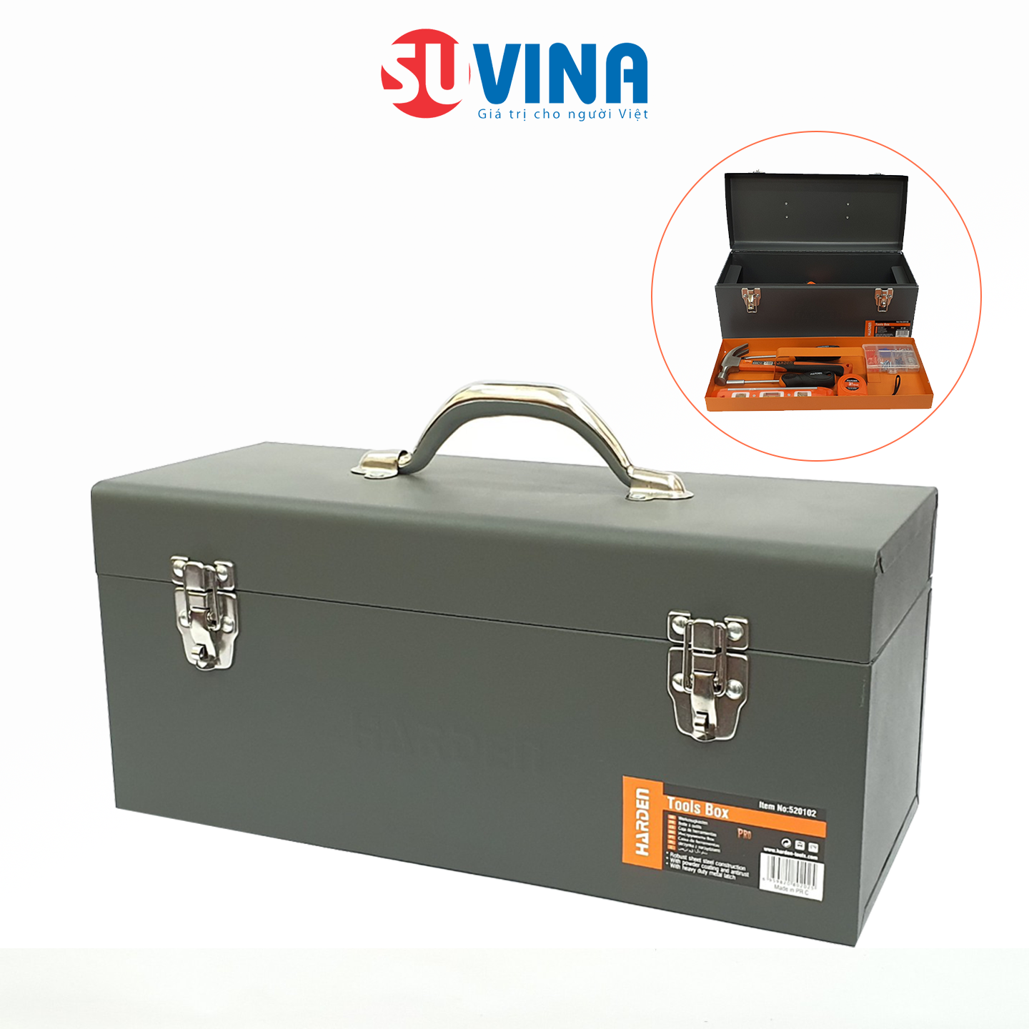 Hộp đựng dụng cụ, hộp đựng đồ nghề đa năng cỡ lớn thép cao cấp harden 520102 - có khóa bảo vệ, sơn tĩnh điện sáng bóng, nhãn mịn, hạn chế trầy xước, không rỉ sét - 43x18x19cm - hàng
