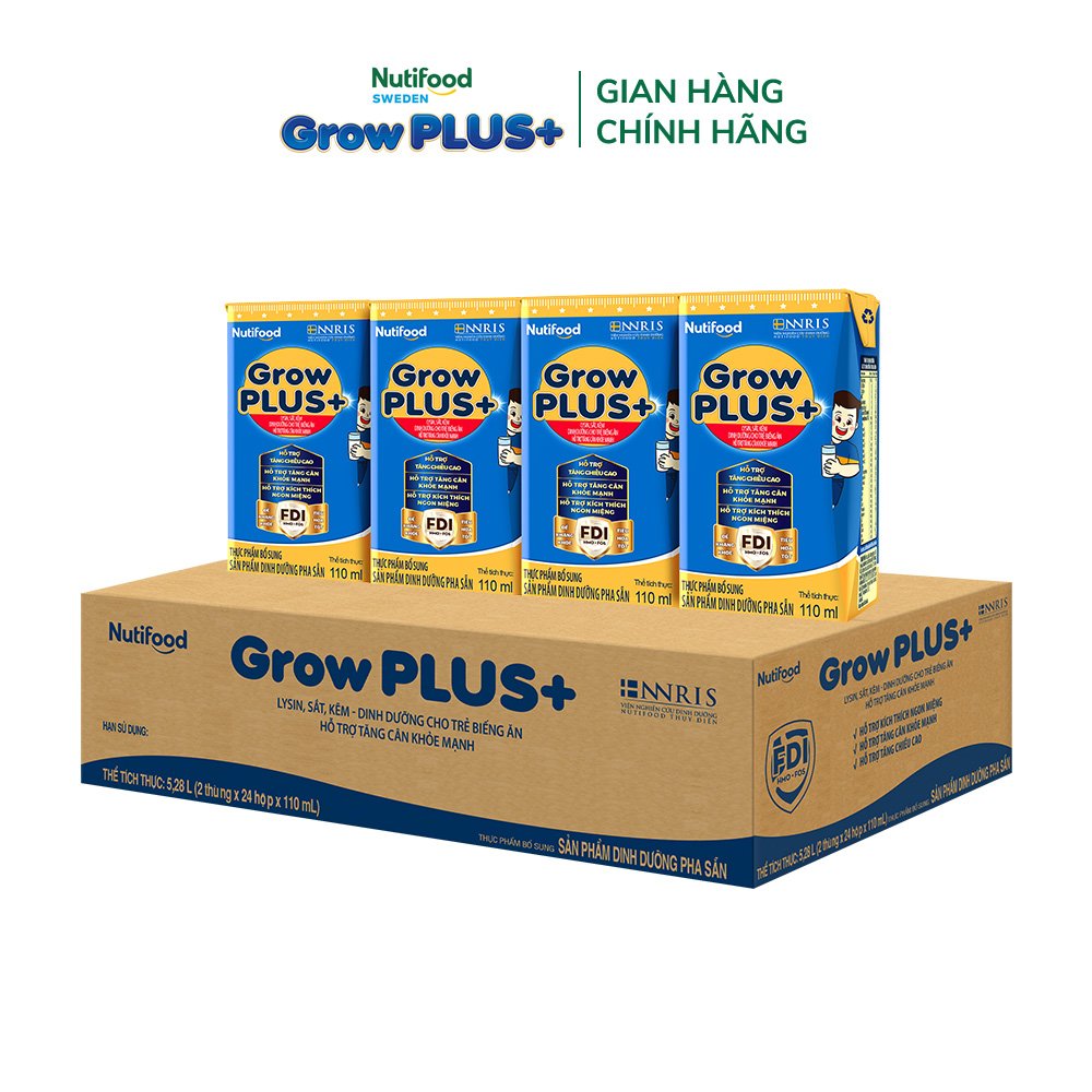 Thùng 48 hộp Sữa Nước Pha Sẵn Nutifood GrowPLUS+ Biếng Ăn (Xanh) 110ml - Hỗ trợ kích thích ngon miệng, tăng cân khỏe mạnh - Trên 2 tuổi