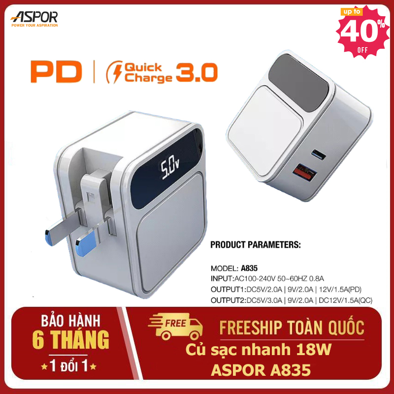 Bộ sạc nhanh 30W ASPOR A835 - Cục sạc điện thoại iphone samsung xiaomi - Cục sạc nhanh 2 cổng ra - Cục sạc cổng Type-c cho ip XII/12 Pro/12 Pro Max ( Màu trắng )