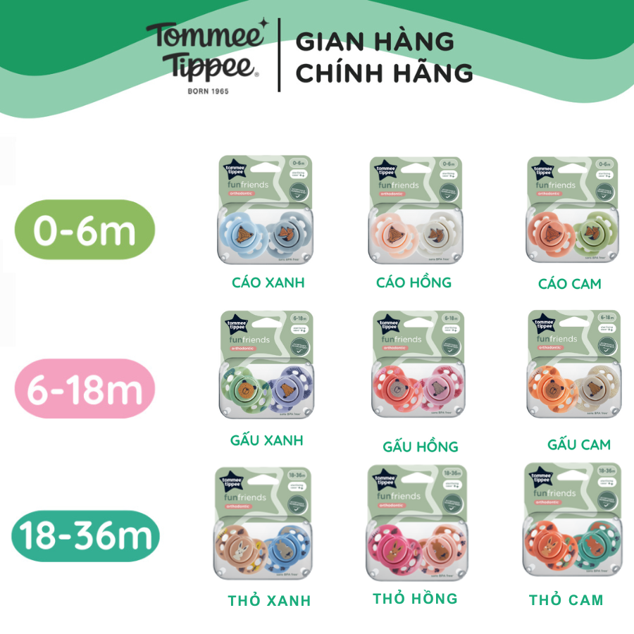 Ty Ngậm Vui Nhộn Cho Bé Tommee Tippee Fun-Friends 0-6, 6-18, 18-36 Tháng (Vỉ Đôi, Tách Lẻ)