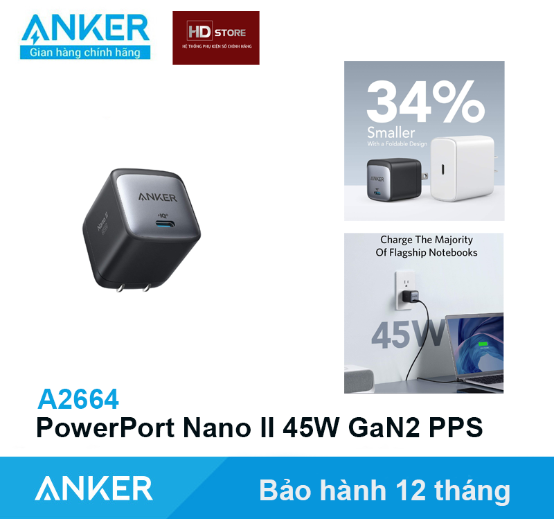 Củ sạc anker 45w powerport nano ii gan 2 sạc nhanh type c - a2664 sạc nhanh iphone siêu nhanh samsung