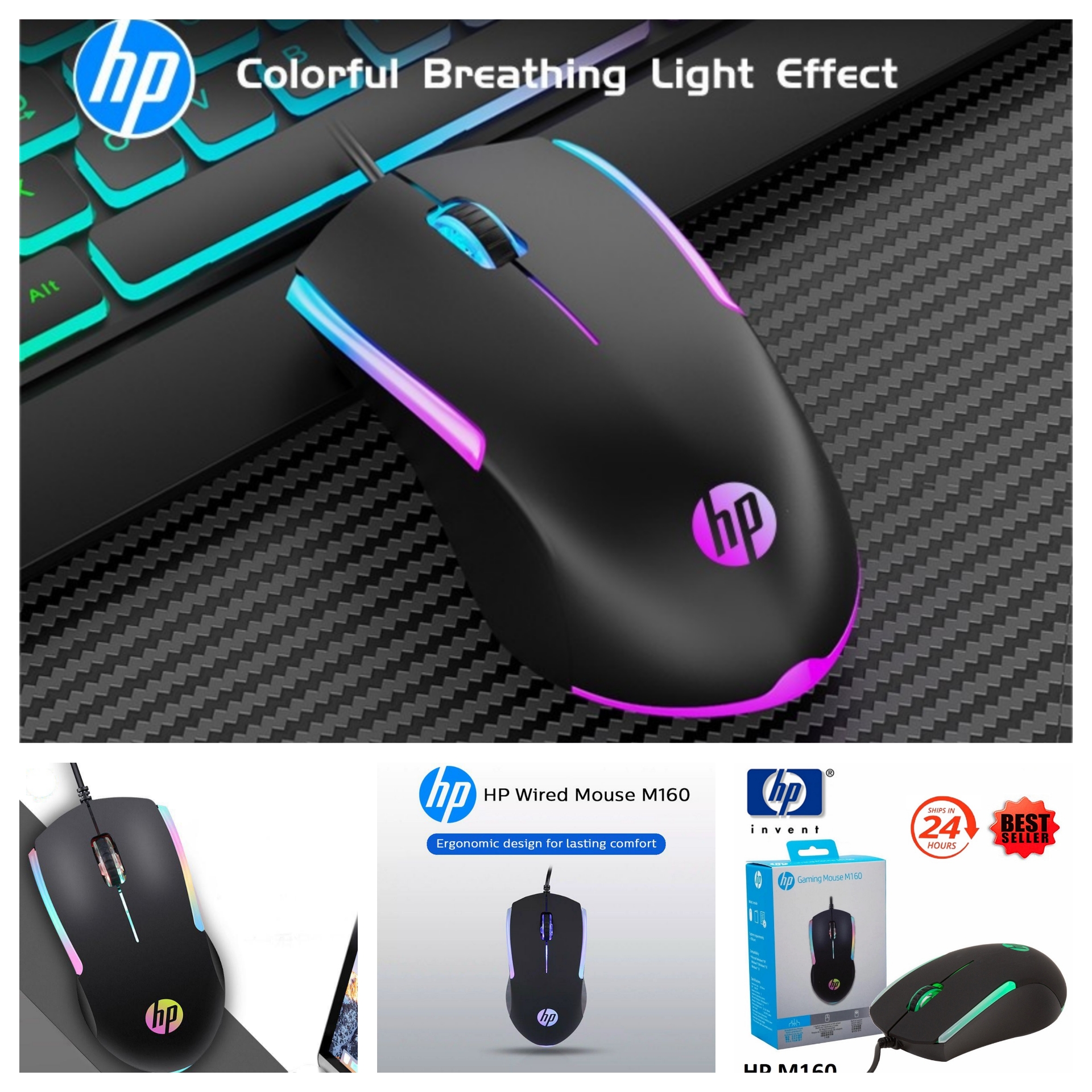 Chuột có dây hp m160 gaming rgb | đen, usb , bảo hành 12 tháng