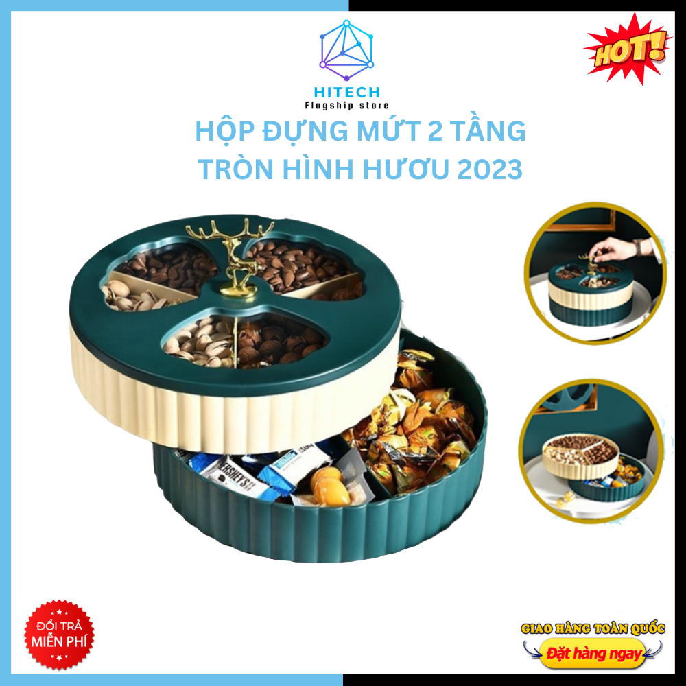 Khay mứt tết sang trọng 2 tầng - hộp đựng mứt tết, khay đựng bánh kẹo hình hươu tròn 2 tầng sang trọng, hiện đại cho ngày tết - bảo hành 12 tháng