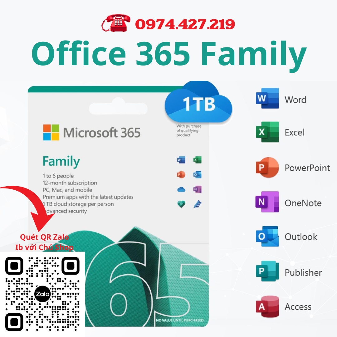 Phần mềm Microsoft Office 365 Family | 12 tháng | Dành cho 1 User| 5 thiết bị/người | Trọn bộ ứng dụng | 1TB lưu trữ OneDrive