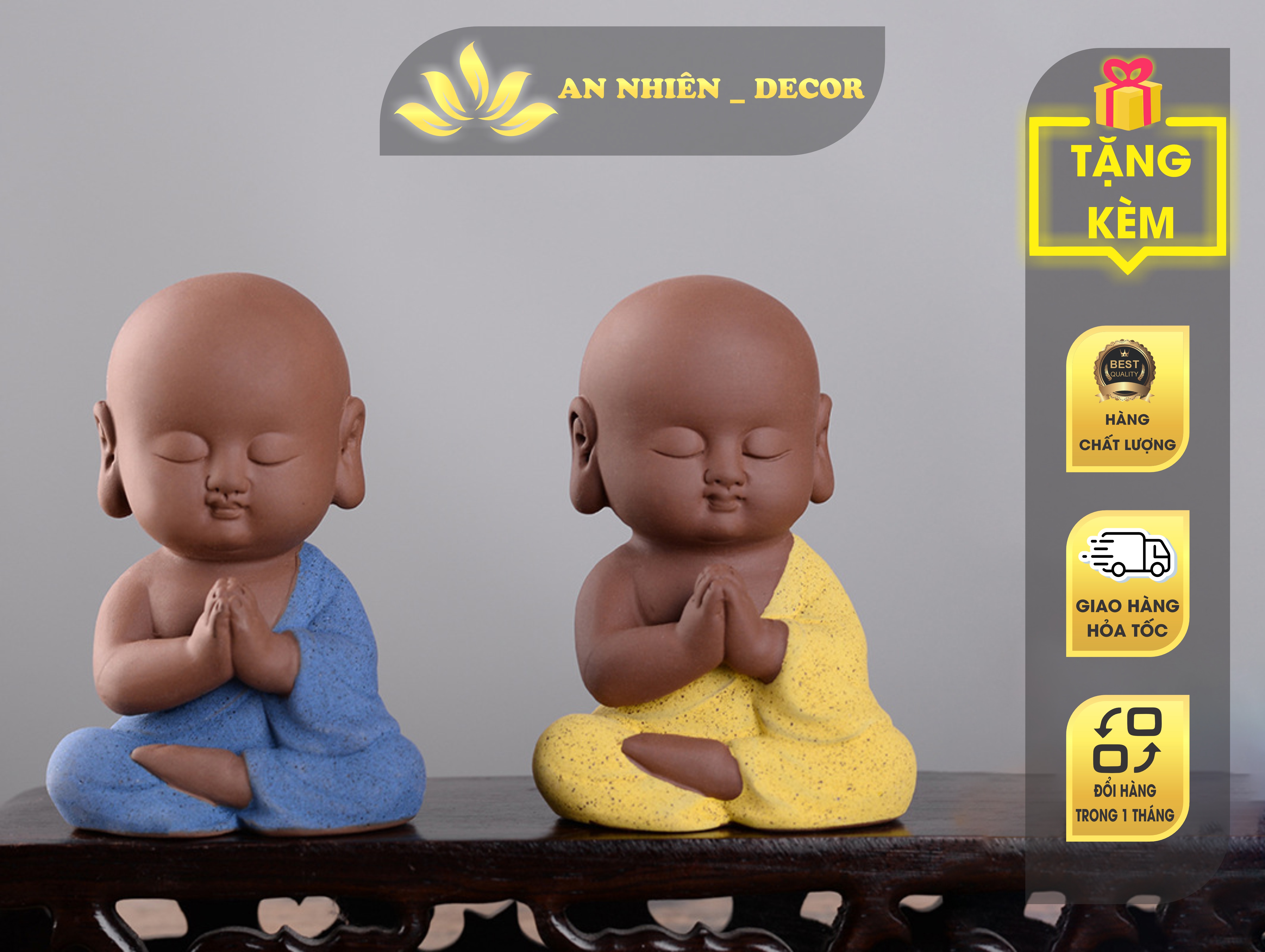 Tượng Chú Tiểu Gốm Tử Sa Trang trí gỗ lũa, tiểu cảnh siêu dễ thương (Giảm giá sốc)