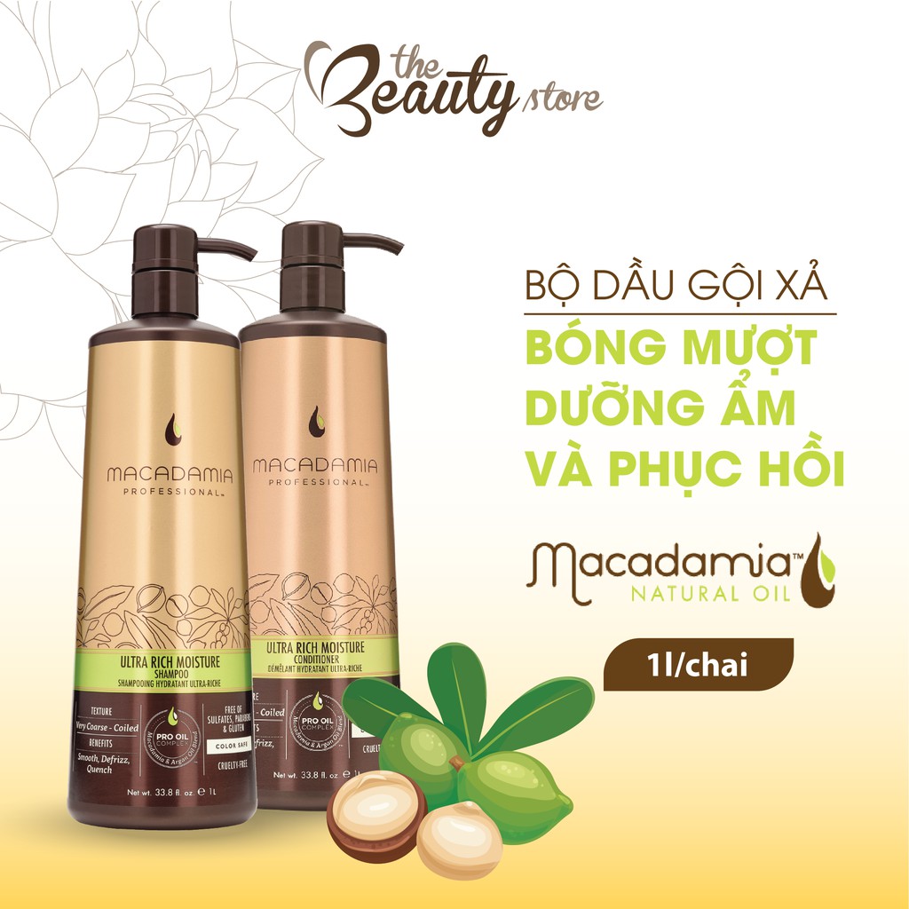 Bộ dầu gội xả phục hồi tóc khô xơ macadamia siêu bóng mượt, dưỡng ẩm chuyên sâu ultra rich moisture 300ml - 1000ml