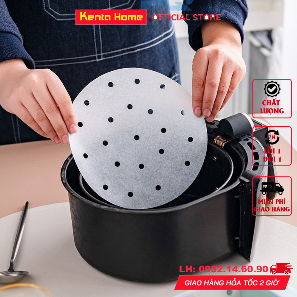 Giấy nến tròn đục lỗ loại 100 tờ chuẩn size 22cm cho nồi chiên không dầu, giấy nến dùng để nướng hấp làm bánh chịu nhiệt