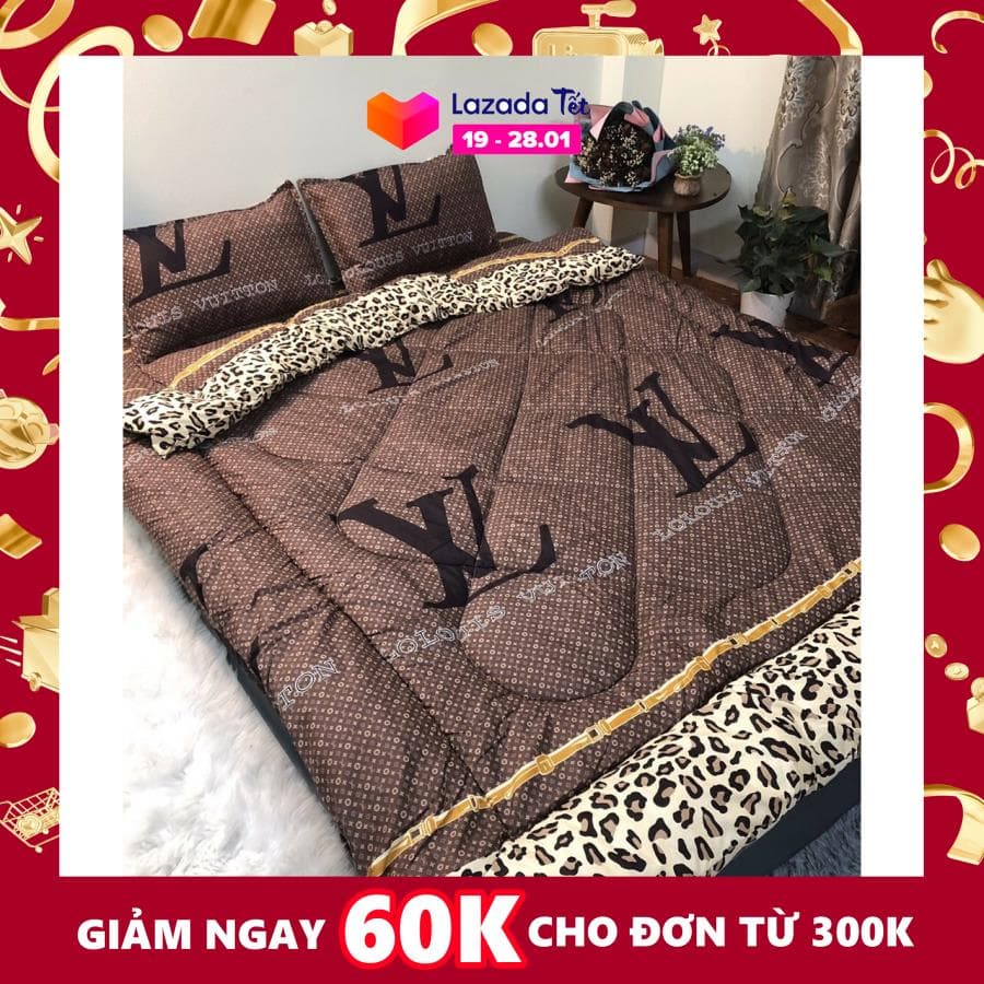 Bộ Chăn Chần Bông Ga Gối Cotton Poly 5 Món Mẫu Baó Nâu