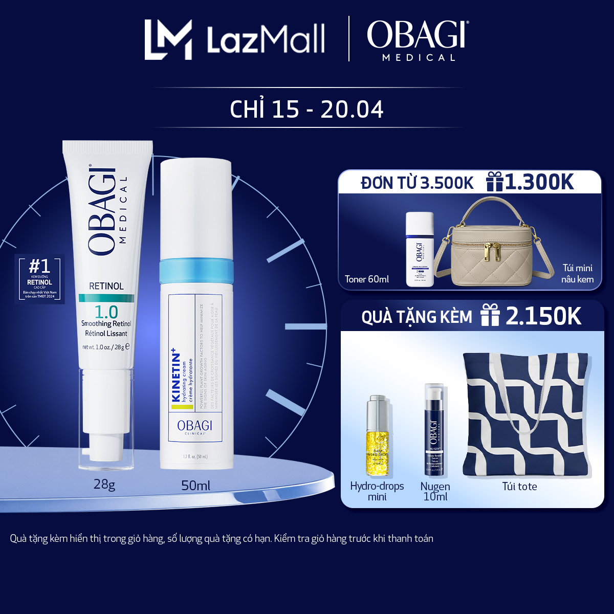 Bộ đôi Kem chống lão hóa Obagi Retinol 1.0 28g và Kem dưỡng phục hồi làm dịu da Obagi Clinical Kinetin+ Hydrating Cream 50ml