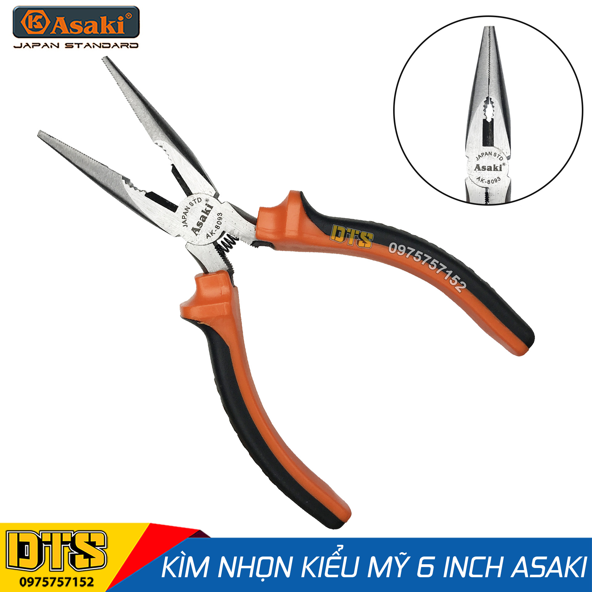 Kìm nhọn kiểu Mỹ Asaki A+cut Tech 6 inch/ 150mm, thép High Carbon độ cứng cao, kềm đa năng chuyên dụng, kềm mỏ nhọn
