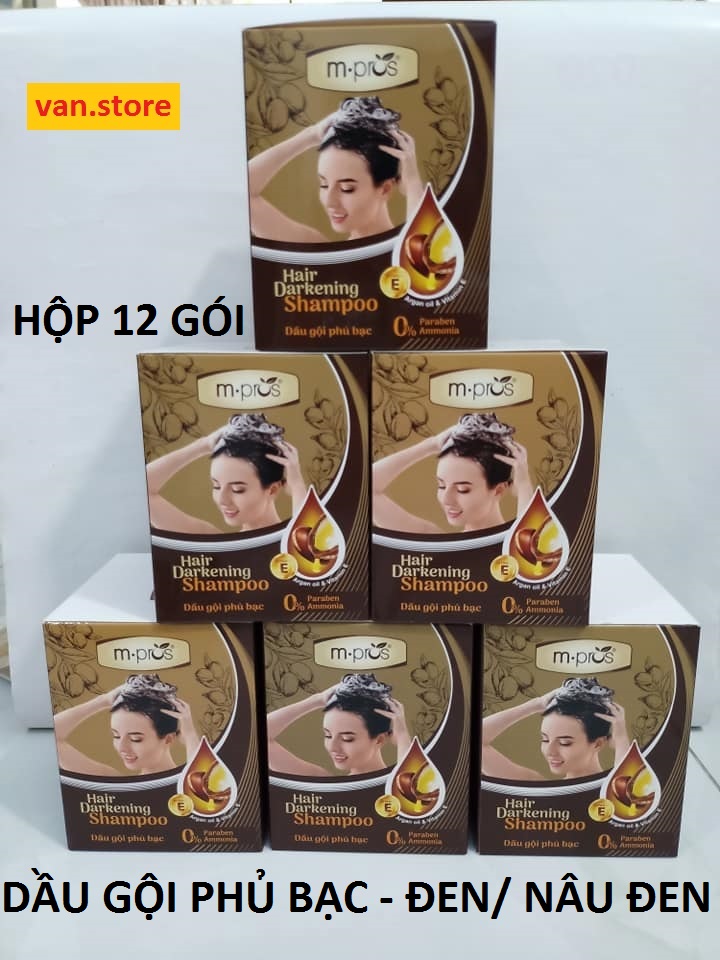 [Hộp 12 Gói] Dầu Gội Thảo Dược Nhuộm Tóc Đen/ Nâu Đen Phủ Bạc M.Pros - Tặng Kèm 12 Đôi Bao Tay Nilon
