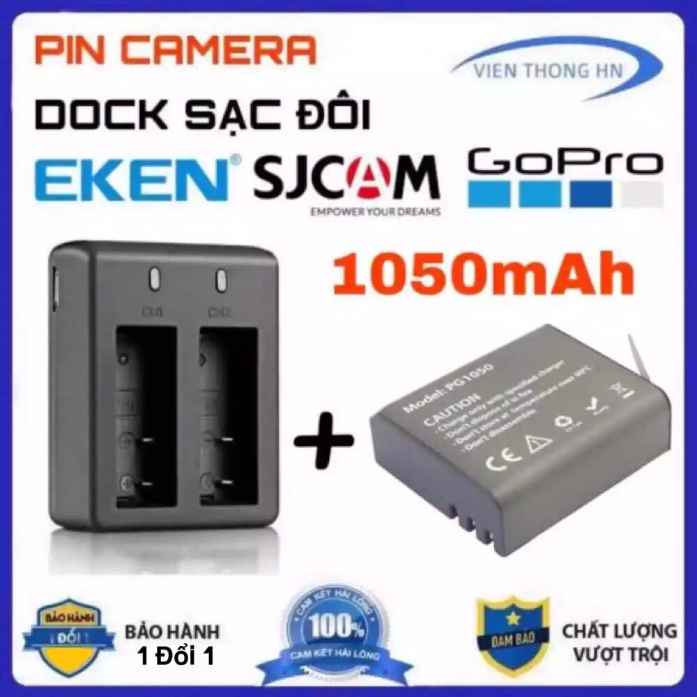Combo pin 1050 mah + dock sạc đôi cho mọi camera hành trình eken h9r sjcam 4000 amkov camera 4k