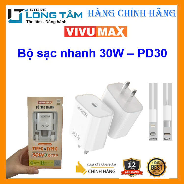 Bộ sạc nhanh cao cấp Vivumax PD30c 30W kèm cáp Type C to Type C 66W
