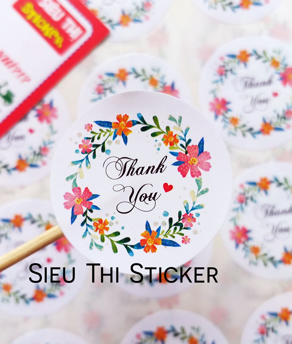 TEM NHÃN DÁN GIẤY CHỮ THANK YOU VIỀN HOA 3.5CM TYVH021 DÁN QUÀ TẶNG, HỘP QUÀ, HỘP BÁNH KẸO, HOA, THIỆP CẢM ƠN.