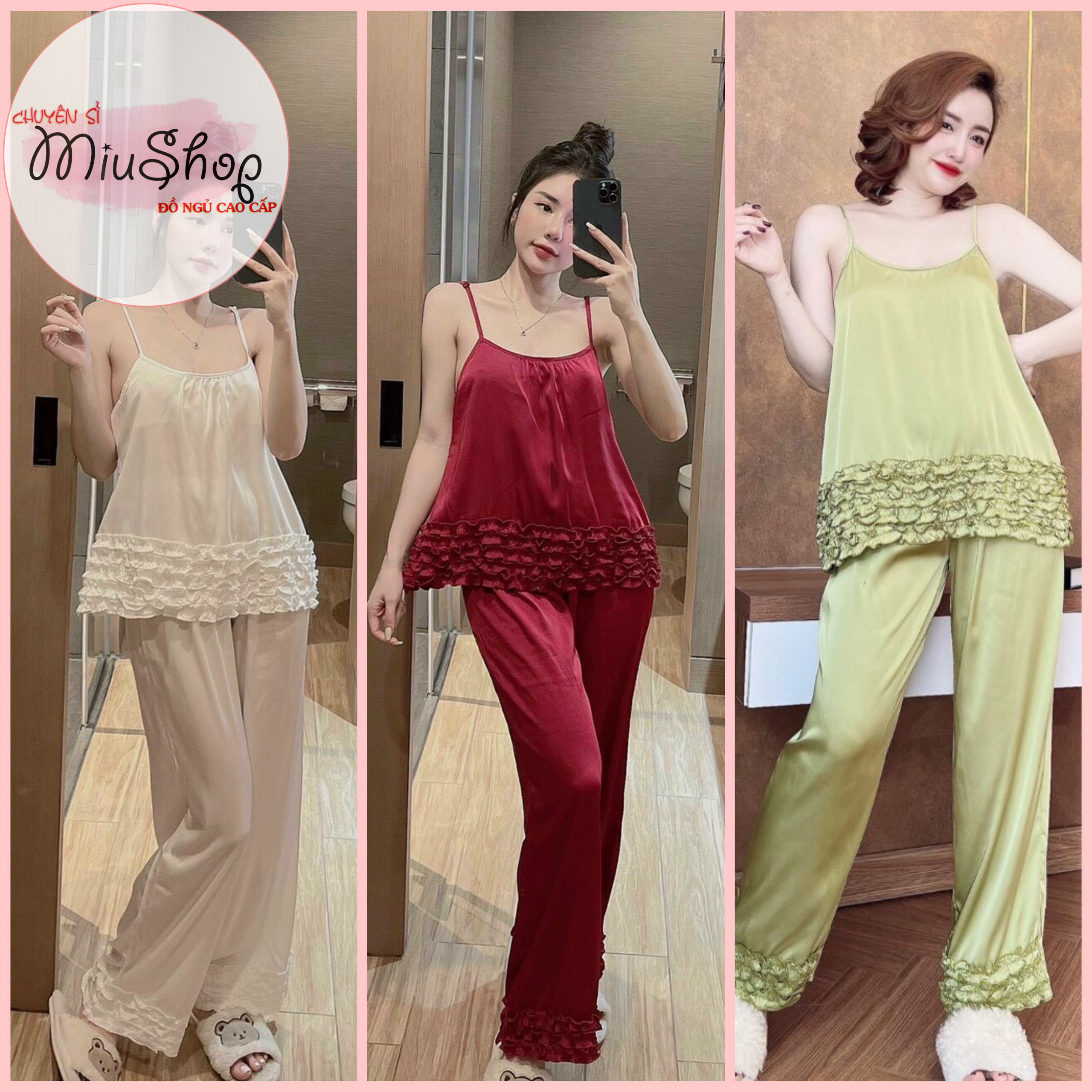 Sét đồ ngủ lụa satin cổ ren 3 lá tay ngắn quần daig đồ bộ lụa satin cao cấp