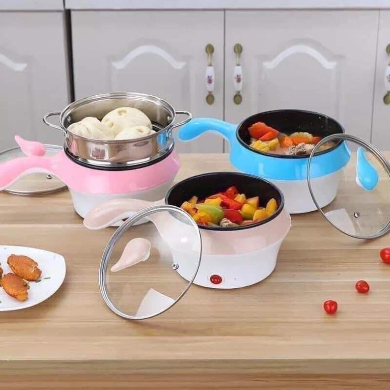 Nồi lẩu điện đa năng, nồi lẩu điện mini hấp đa năng 2 tầng tặng kèm xửng hấp