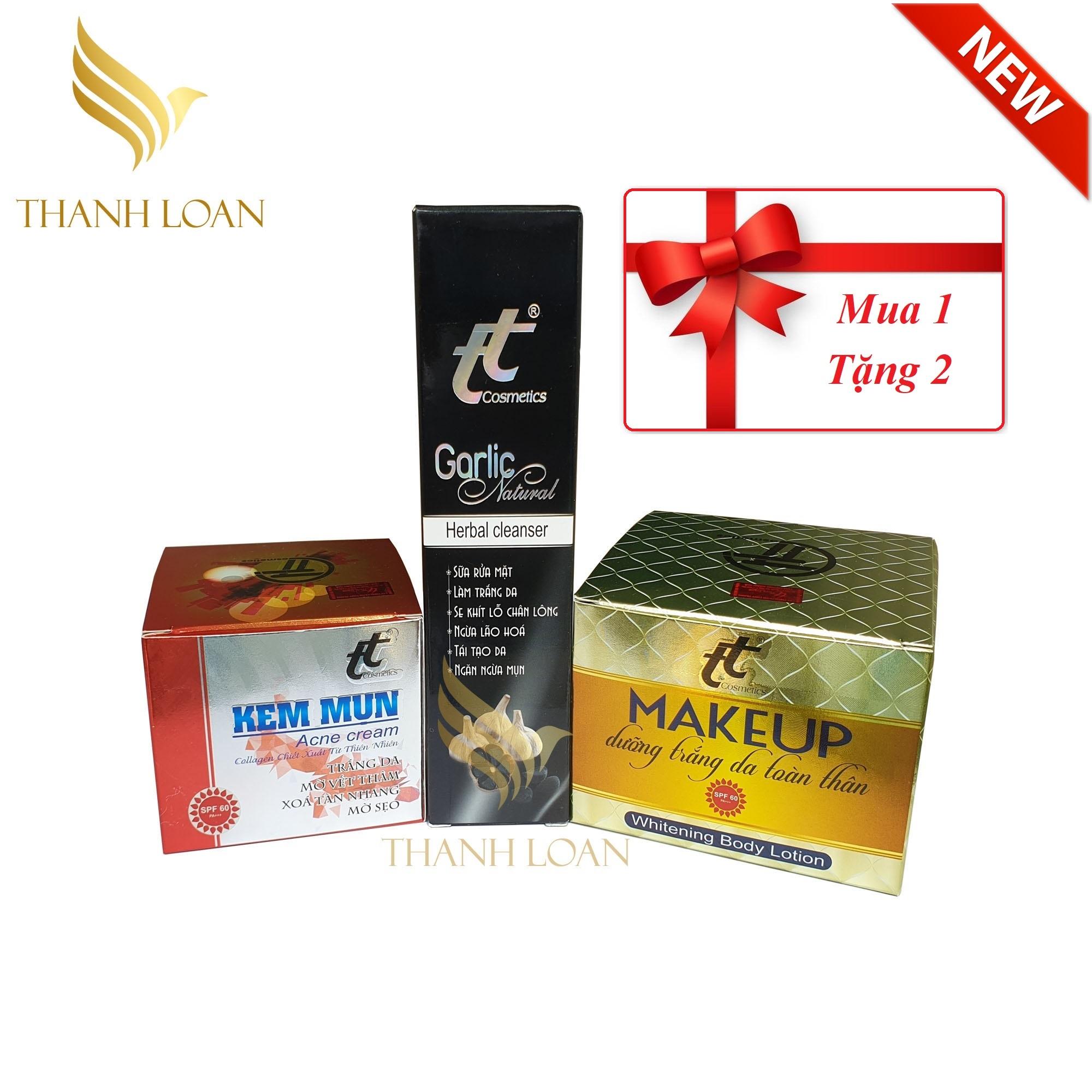 Kem Mụn, Trắng da, Mờ Vết Thâm, Xóa tàn nhang, Mờ Sẹo(30g) +Tuýp Sữa Rửa mặt chiết xuất tinh chất tỏi đen(100g) + Kem dưỡng trắng da toàn thân Makeup (100g) - Thanh Loan - [ Mua 1- Tặng 2 ]