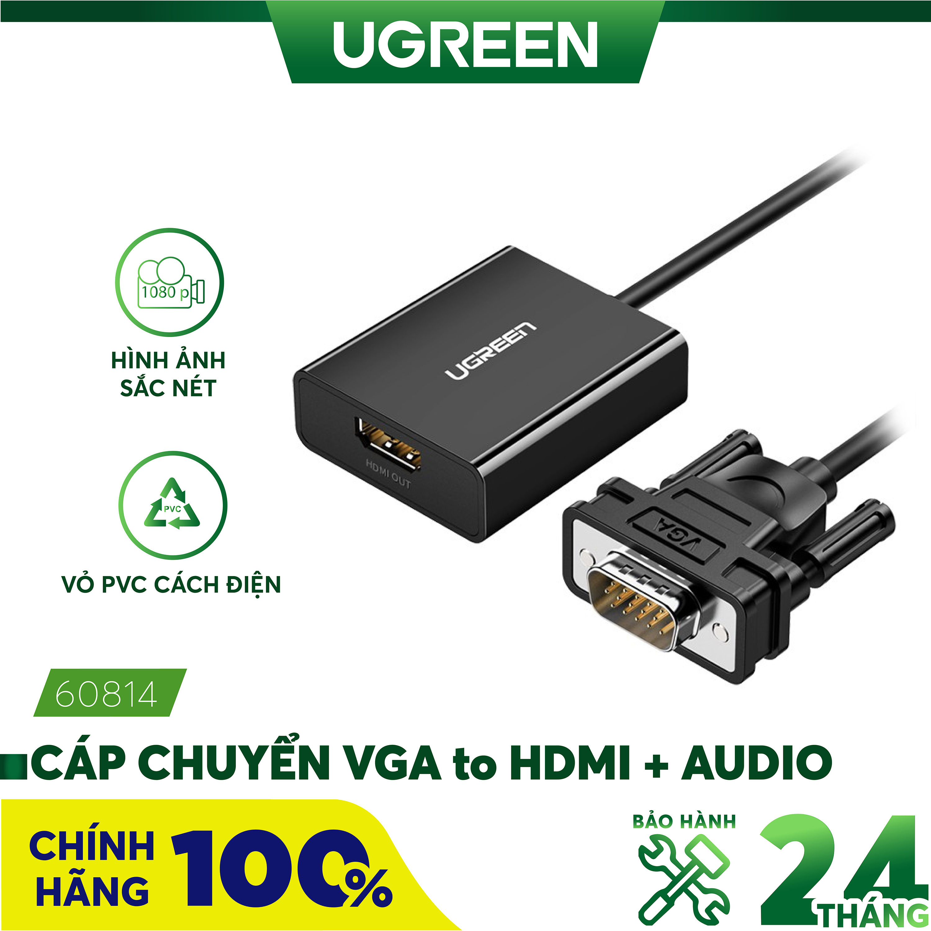 Cáp chuyển vga to hdmi tích hợp audio hỗ trợ full hd ugreen 50945