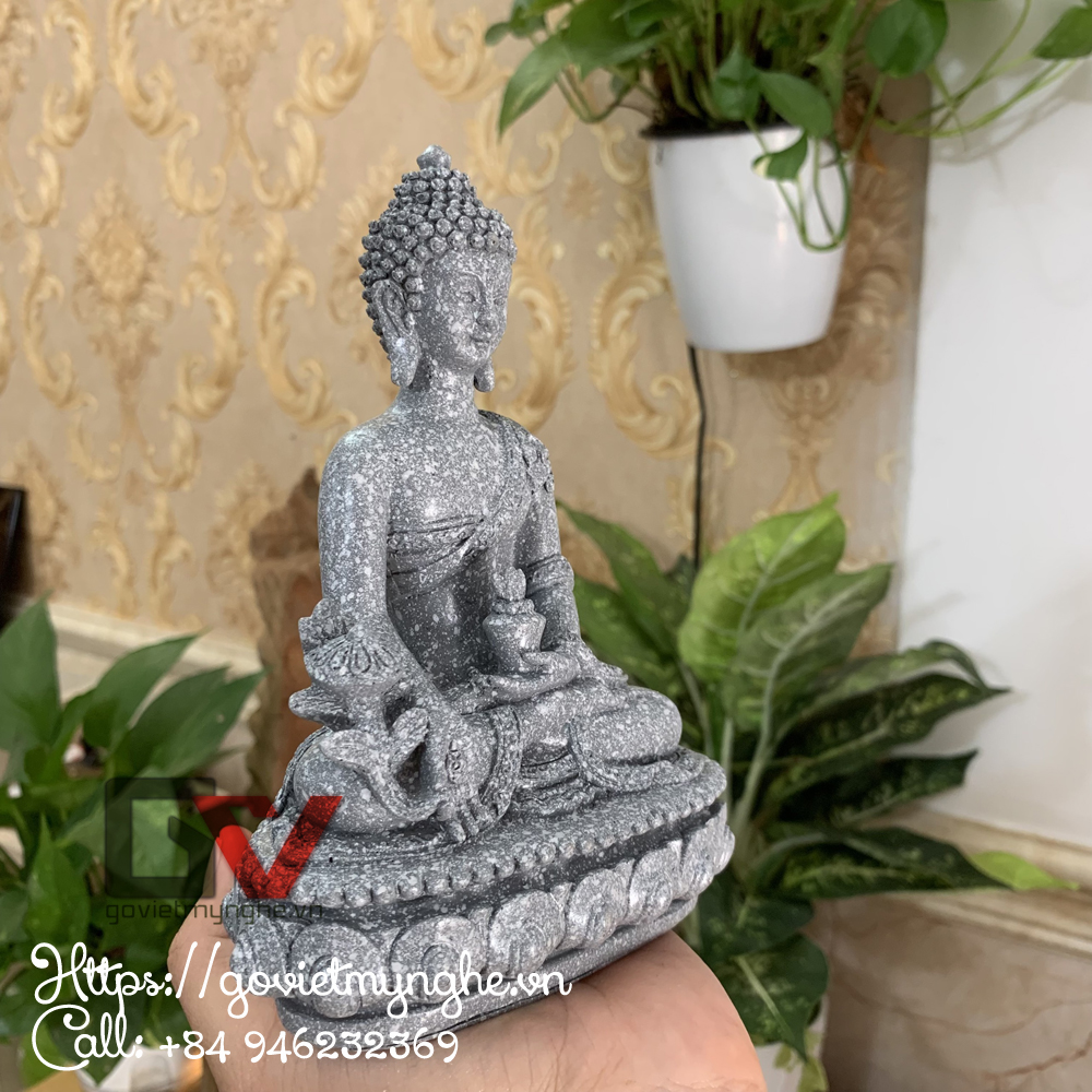 Tượng đá Phật Dược Sư Lưu Ly Quang ngồi trên đài sen trang trí phòng thờ- Chiều cao 16cm - Màu Xám