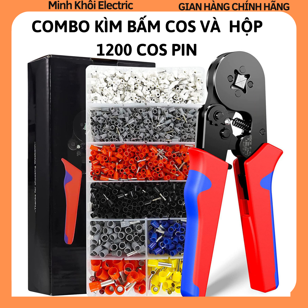 Combo kìm bấm cos vuông và hộp 1200 cos pin ống tròn,bộ kìm bấm cos đa năng,hộp đầu cos kim thông và