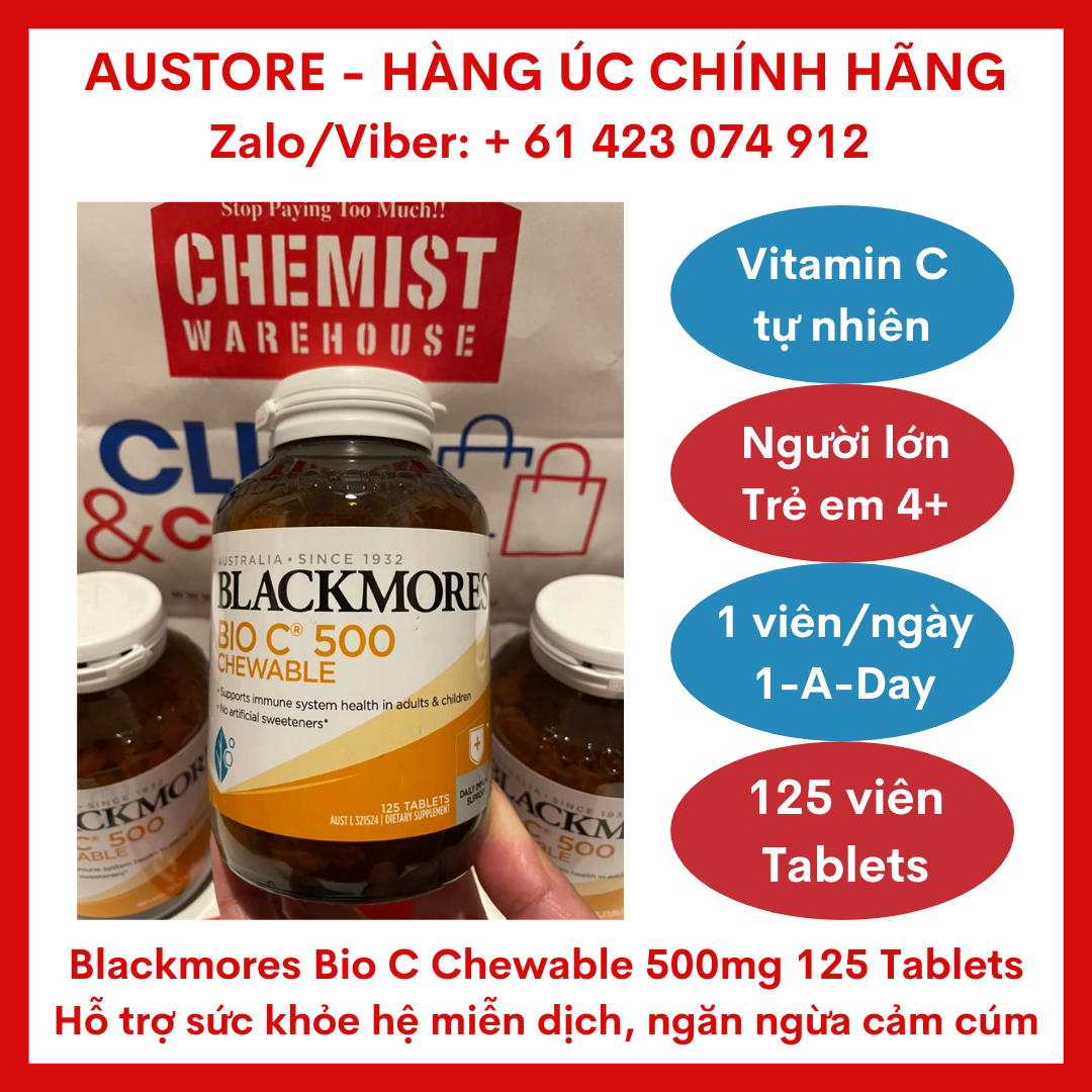 [Bill Úc] Blackmores Bio C Chewable 500mg 125 Tablets - Viên bổ sung vitamin C tự nhiên dạng nhai Blackmore Úc giúp tăng cường sức khỏe miễn dịch, ngăn ngừa cảm cúm, làn da khỏe đẹp
