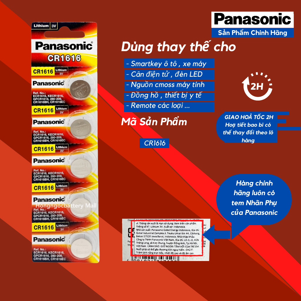 Vỉ 5 Viên Pin CR1616 Panasonic Lithium 3V - Hàng Chính Hãng