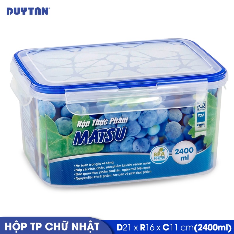 Hộp đựng thực phẩm chữ nhật nhựa DUY TÂN Matsu 2400ml (21 x 16 x 11 cm) - 03239