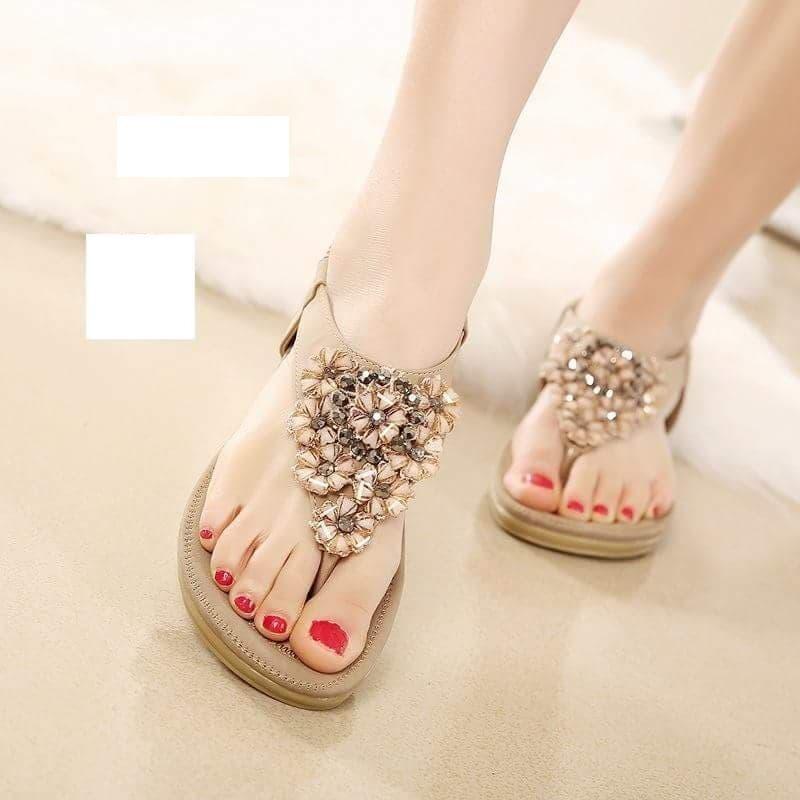 Dép sandal đế bệt quai kẹp đính hoa