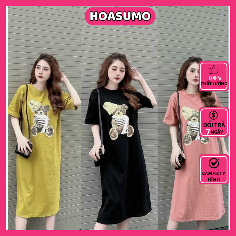 Váy suông váy nữ đẹp dáng dài basic form rộng họa tiết hoạt hình gấu con