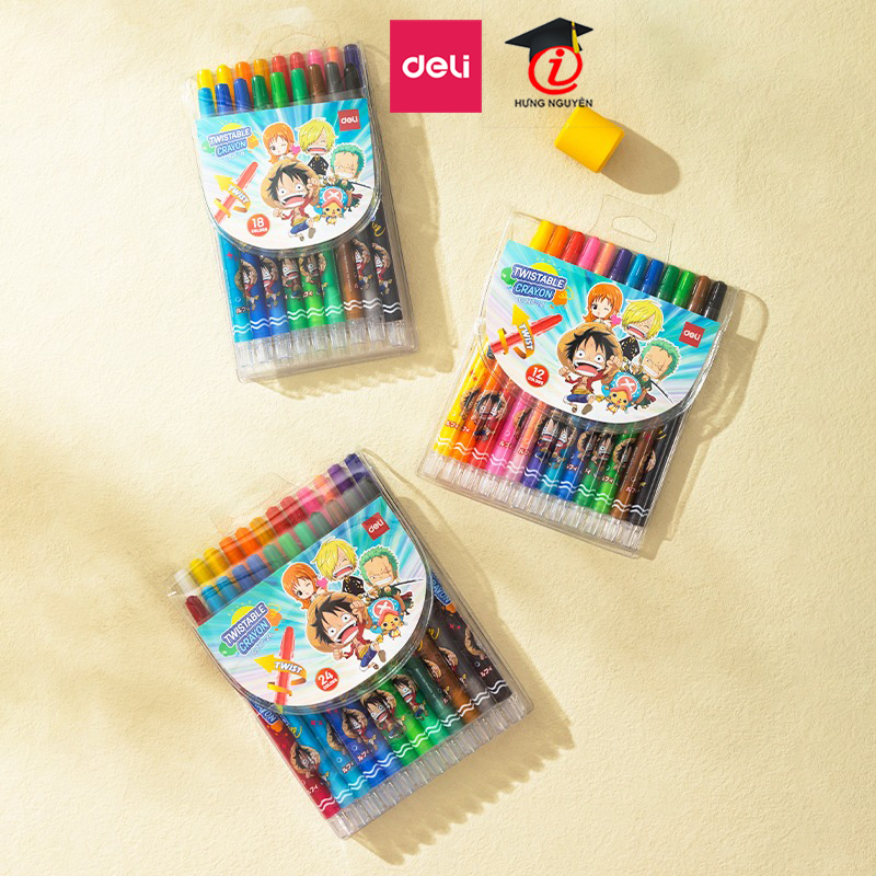 Bút sáp vặn dài deli 12 / 18 / 24 màu hình one piece vỉ nhựa c217-12 / 18 / 24