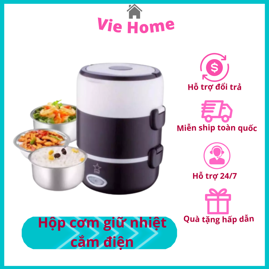 Hộp cơm giữ nhiệt cắm điện ủ cơm hâm nóng thức ăn, cặp lồng giữ nhiệt phù hợp cho dân văn phòng làm nóng nhanh, thiết kế nhiều ngăn thông minh tiện lợi an toàn dễ sử dụng - Vie Home