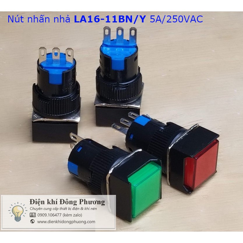 Nút nhấn đề phi 16 chữ nhật, nút nhấn nhả, nhấn giữ có đèn không đèn, điện áp 24V, 220V.