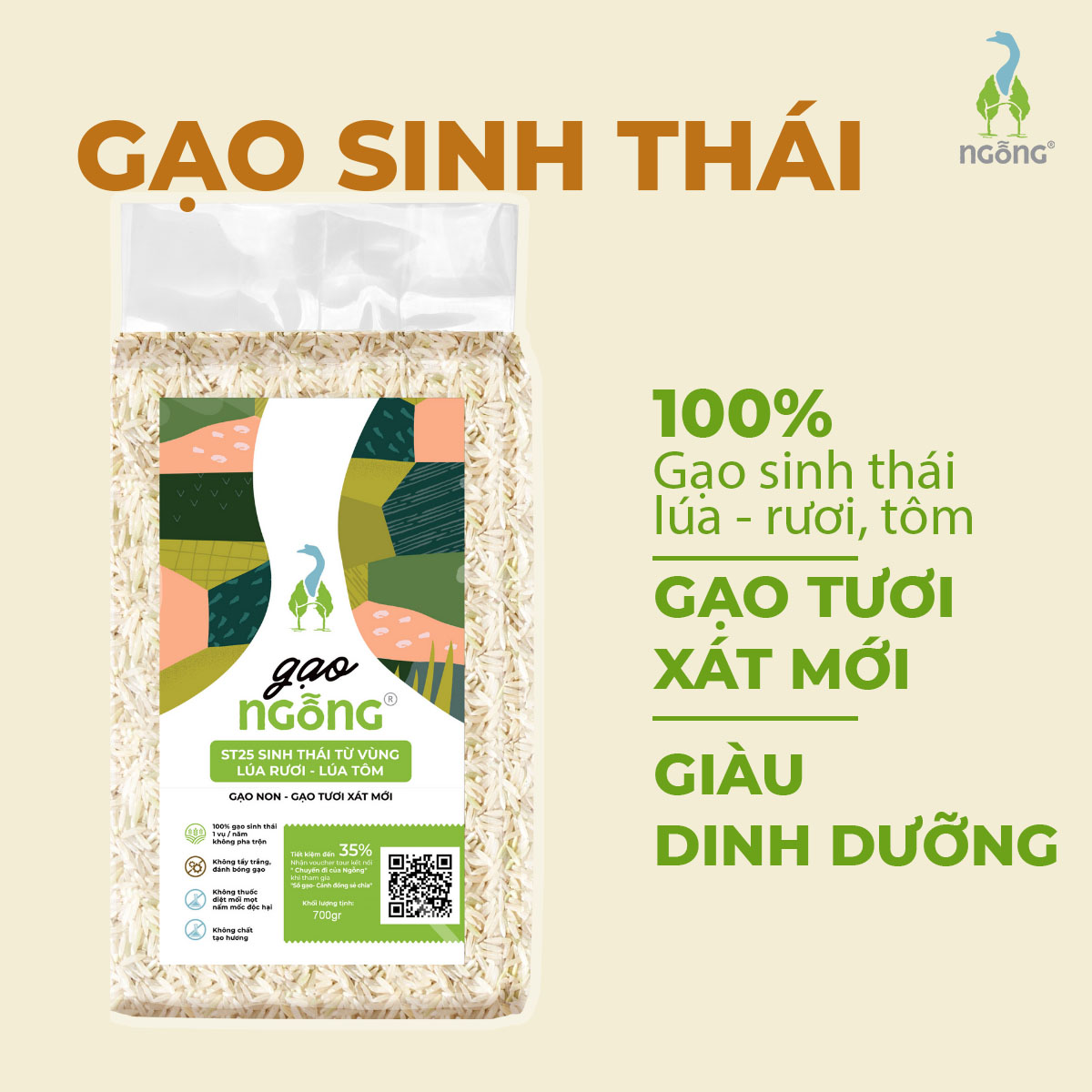 Gạo ngỗng sinh thái st25 - gạo sạch ruộng rươi tôm gói 700gr