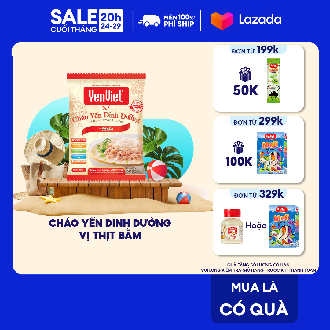 Yến Việt - Cháo yến dinh dưỡng vị thịt bằm sấy thăng hoa, vitamin B, không bột ngọt, chất bảo quản thùng 30 gói x 50g