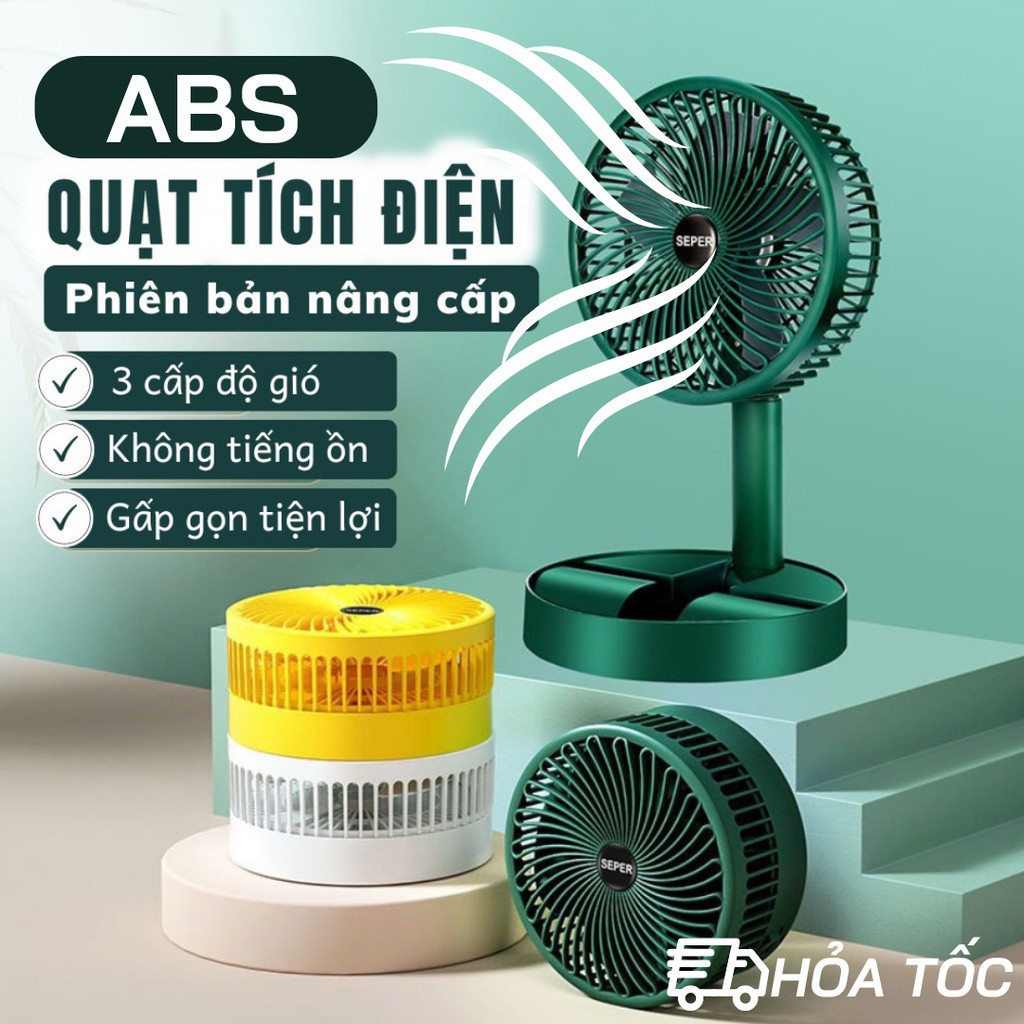 Quạt tích điện super gấp gọn, quạt mini để bàn xoay 180 độ, 3 tốc độ gió, cổng sạc usb