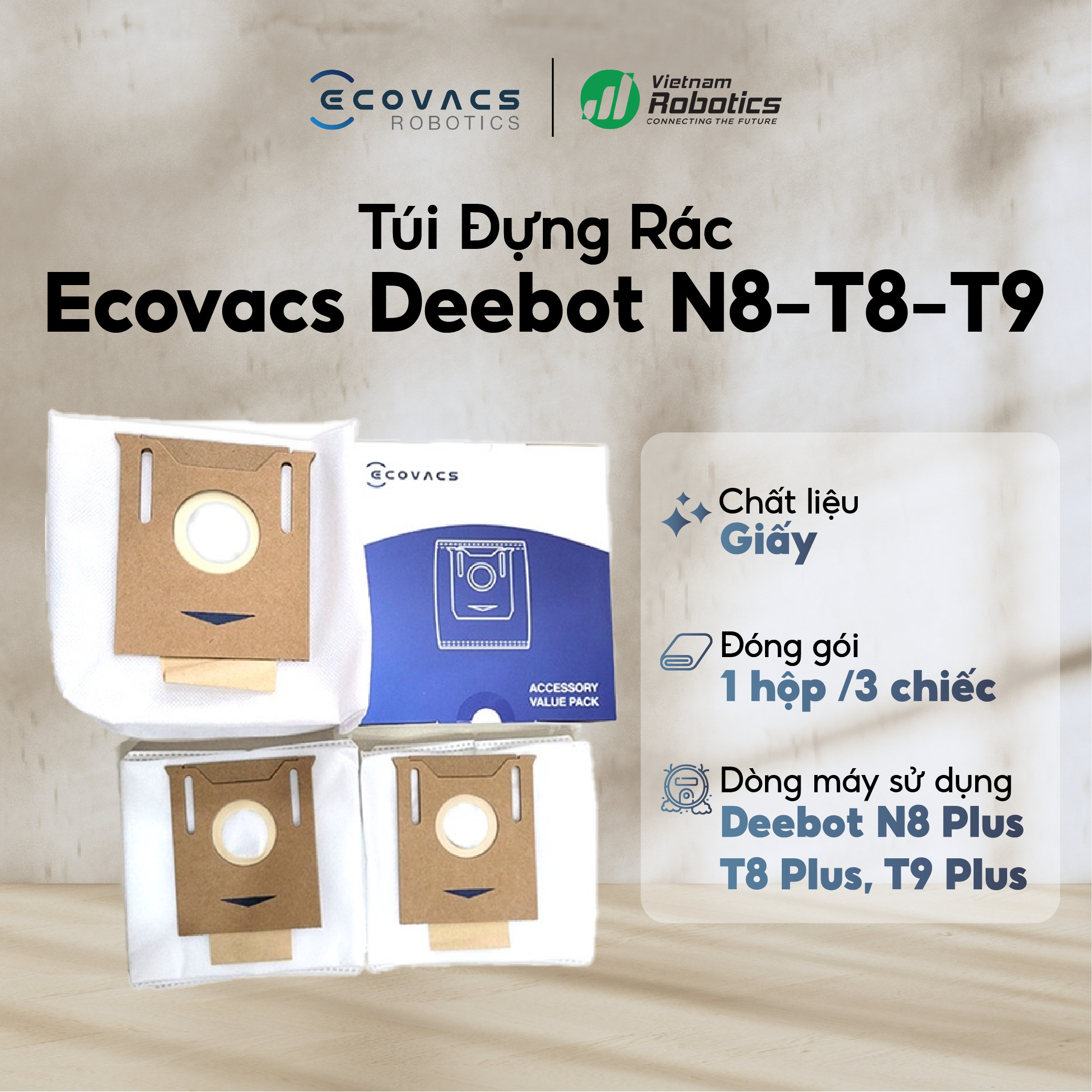 Túi đựng rác dành cho robot hút bụi ecovacs deebot t8 max plus, t8 aivi plus, t9 plus, t9 aivi plus, n8 plus, n8 pro plus, n10 plus - phiên bản quốc tế - hàng chính hãng.