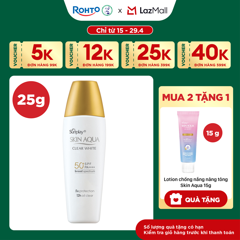 Kem chống nắng Skin Aqua dưỡng trắng, kiểm dầu, dùng hàng ngày dạng sữa Sunplay Skin Aqua Clear White Eco Việt Nam SPF50, PA++++ 25g
