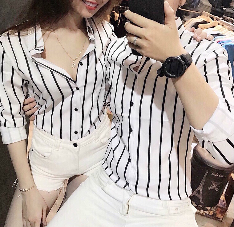 ÁO SƠ MI NAM NỮ SỌC TRẮNG ĐEN (hình thật)