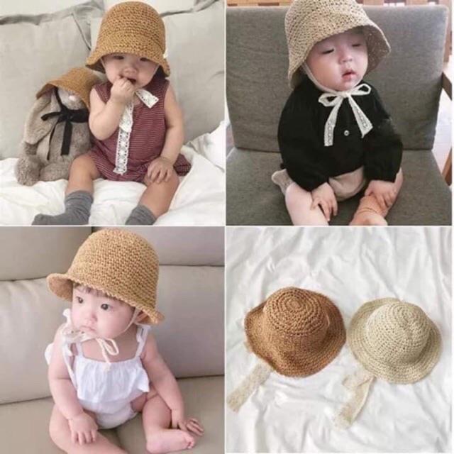 Mũ cói vành buộc dây phong cách vintage cho bé
