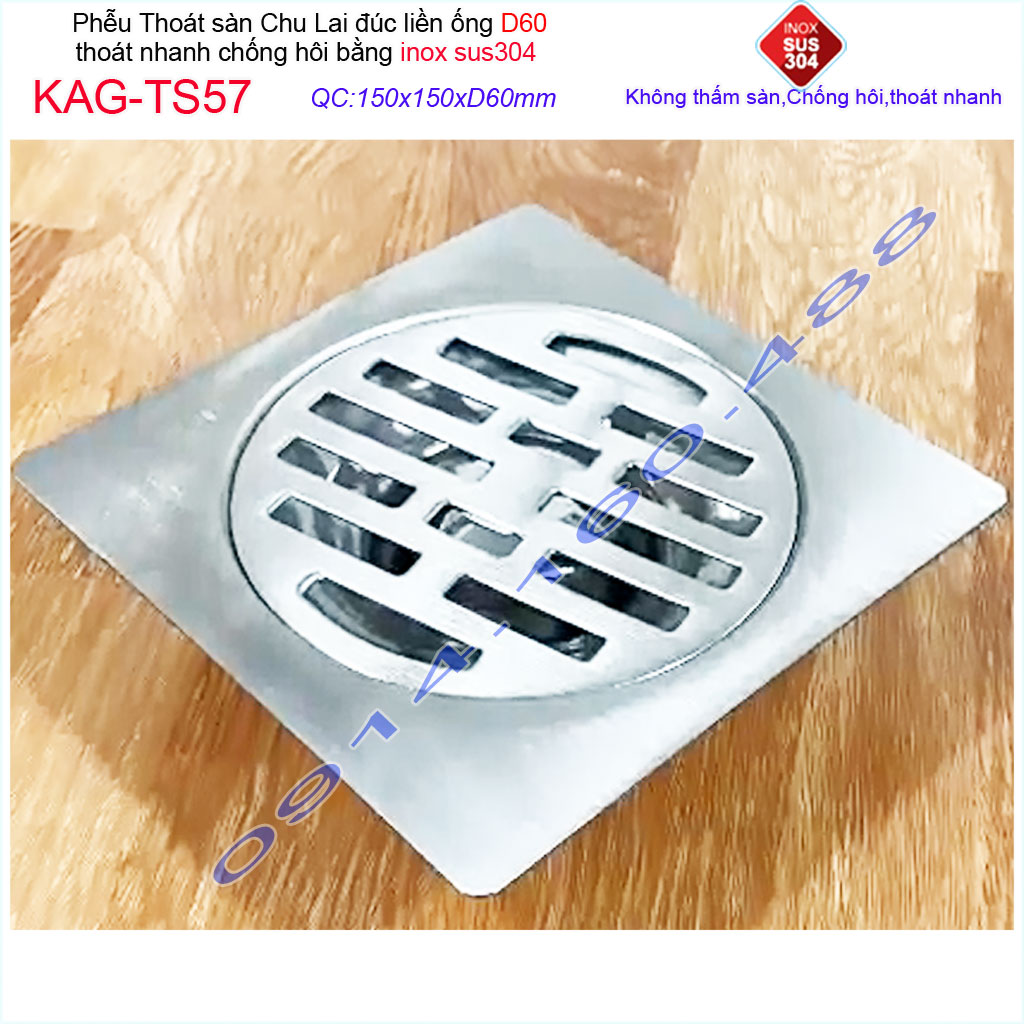 Phễu thoát sàn Chu Lai 15x15cm KAG-TS57-D60, Hố ga Thoát sàn chống hôi ống 6cm SUS304 inox đúc dày thoát nhanh chặn tóc tốt