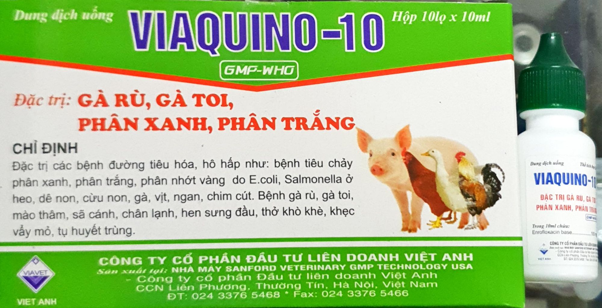 VIAQUINO 10 (Hộp 10 lọ - 10ml / lọ) - Tr.i gà rù gà toi, phân xanh phân trắng cho gà vịt, heo