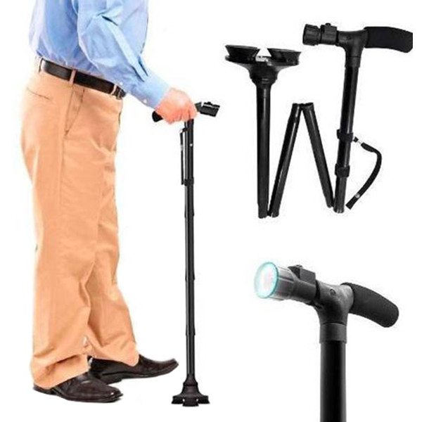 Gậy gấp gọn chống trượt có đèn pin - gậy gấp gọn, có đèn pin trống trượt cho người già, gậy chống bằng thép cho người già đi lại