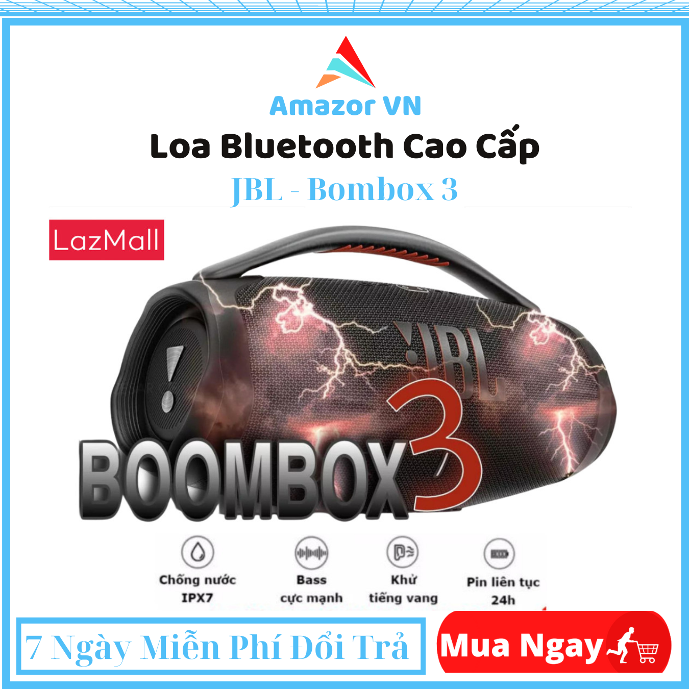 Loa Bluetooth JBL Bombox 3 (100W) , Loa Nghe Nhạc Âm Thanh Siêu Bass Cực Mạnh Chống Nước IPX7 , Loa Karaoke Công Suất Cực Lớn Loa Nghe Nhạc Treble Rời Thời Gian Sử Dụng 24h